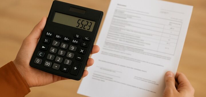 Osoba trzyma w rękach czarny kalkulator oraz dokument z wyliczeniami finansowymi, widziany z góry, w ciepłym domowym otoczeniu.