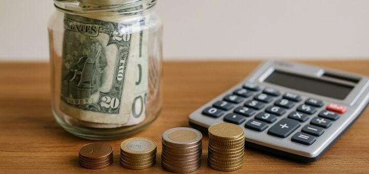 Dokumenty finansowe, kalkulator i monety ułożone na biurku symbolizujące planowanie emerytury oraz oszczędzanie w ramach IKE i IKZE