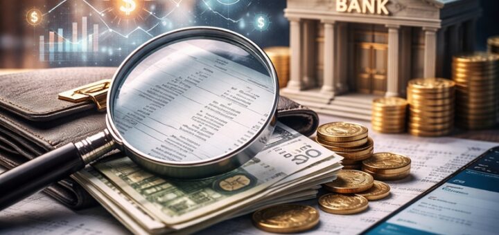 Portfel z banknotami i monetami, lupa nad wyciągiem bankowym, smartfon z aplikacją bankową oraz miniatura budynku banku symbolizujące ukryte źródła zysków banków