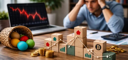 Inwestor analizujący spadki na rynku przy laptopie, koszyk z jajkami symbolizujący dywersyfikację portfela i ryzyko inwestycyjne