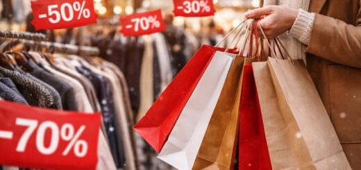 promocje styczniowe – torby zakupowe trzymane w dłoni klientki na tle zimowej wyprzedaży w sklepie odzieżowym