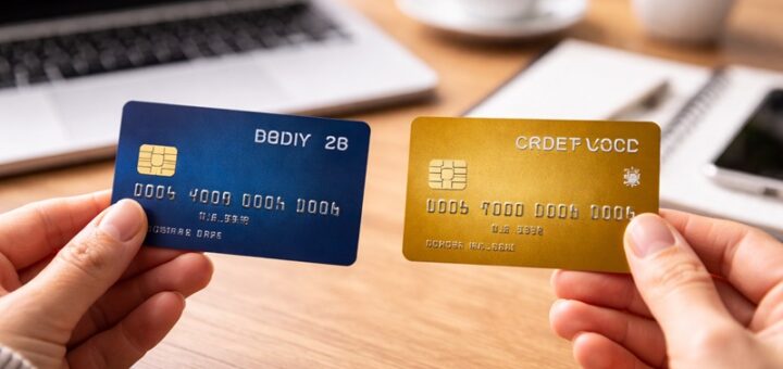 karta debetowa vs kredytowa porównanie dwóch kart trzymanych w dłoniach przy biurku