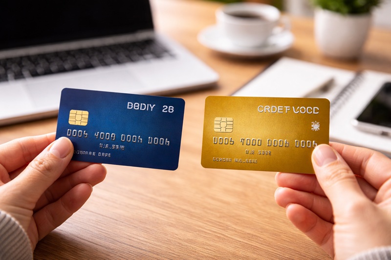 karta debetowa vs kredytowa porównanie dwóch kart trzymanych w dłoniach przy biurku