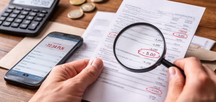 konto osobiste opłaty analiza wyciągu bankowego z kalkulatorem i telefonem na biurku