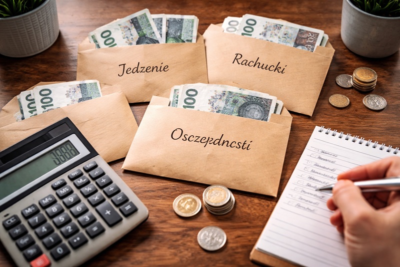 metoda kopertowa w praktyce podczas planowania domowego budżetu z gotówką i kopertami na stole